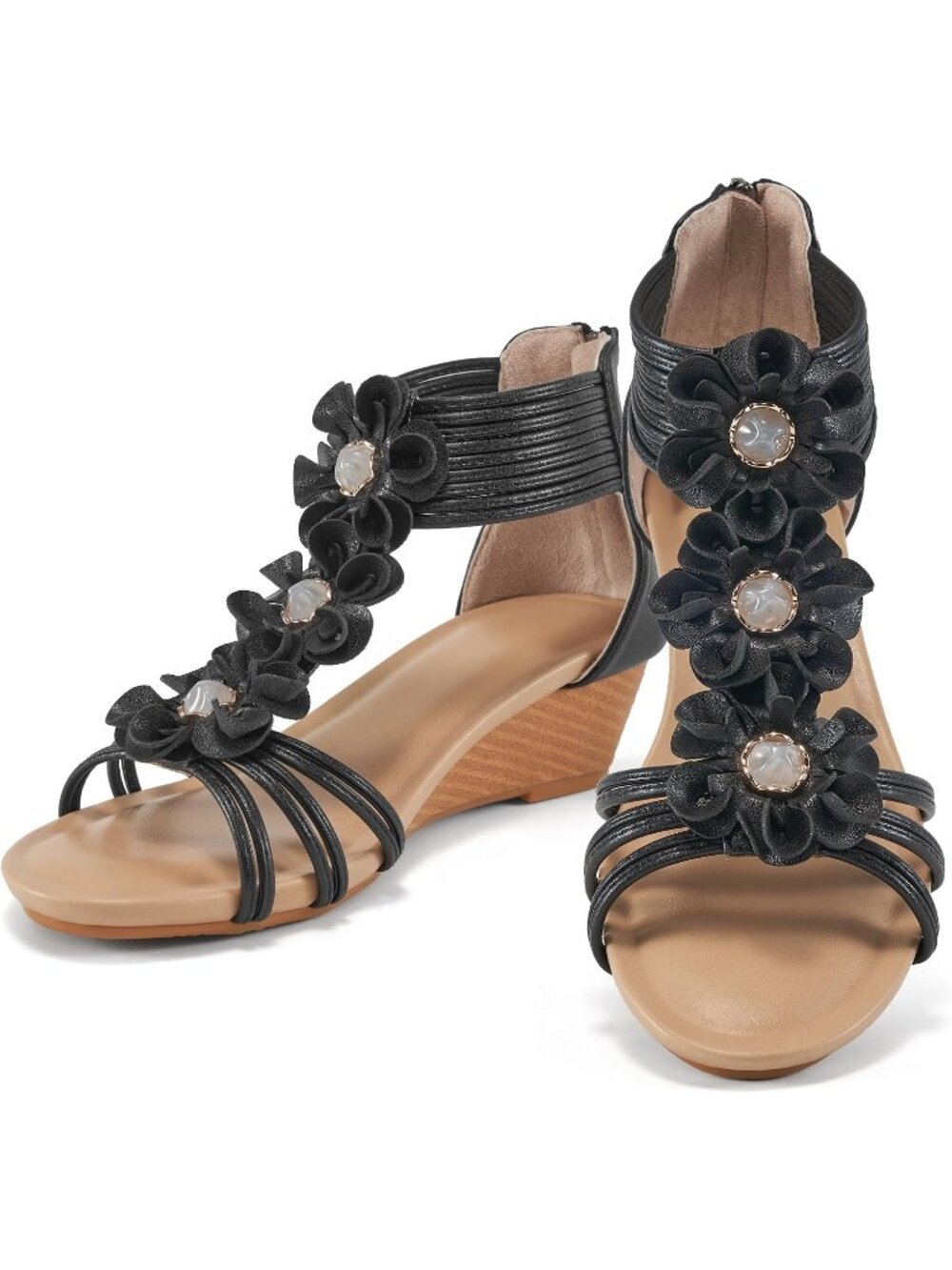 ✨Women Black Floral Low Heel Open Toe Zipper Gladiator Ankle Strap Wedge Sandals